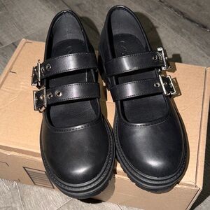 Black Double Strap Women's Loafers